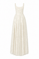 L'SCARLETT white flared gown with wide shoulder straps and crystal beading, elegant back view showcasing intricate details.
