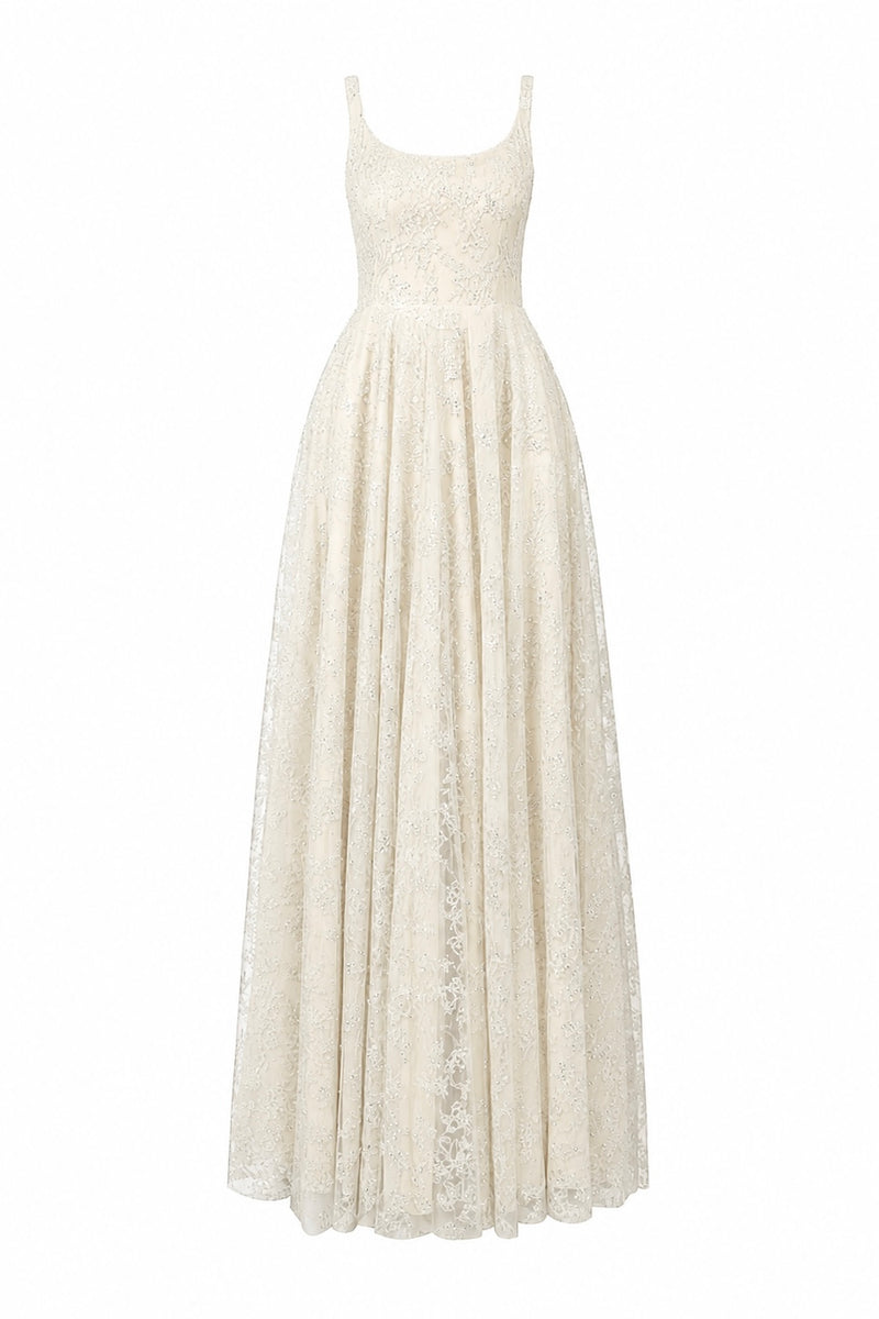 L'SCARLETT off-white flared maxi dress with wide shoulder straps and crystal beading, front view.