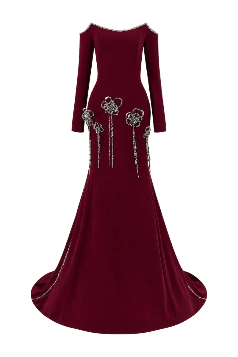 L'SCARLETT burgundy fitted maxi dress with softly curved neckline and 3D crystal floral embellishments, front view.