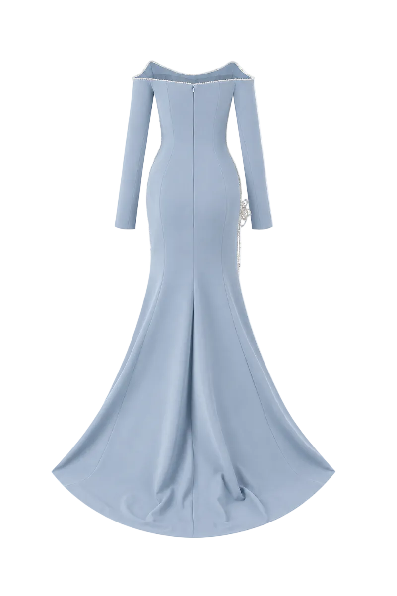 Light blue L'Scarlett maxi dress with a fitted, softly curved neckline and 3D crystal floral detailing, back view.