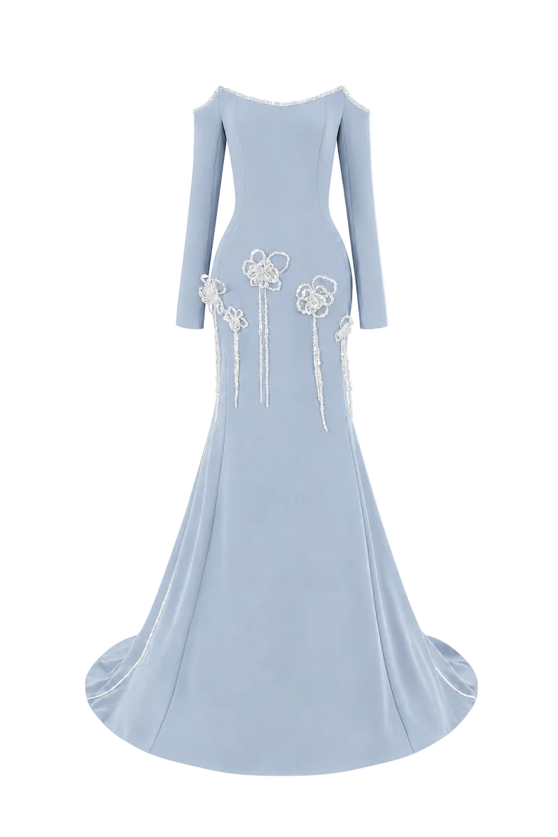 Light blue L'Scarlett maxi dress with fitted softly curved neckline and 3D crystal floral embellishments, front view.