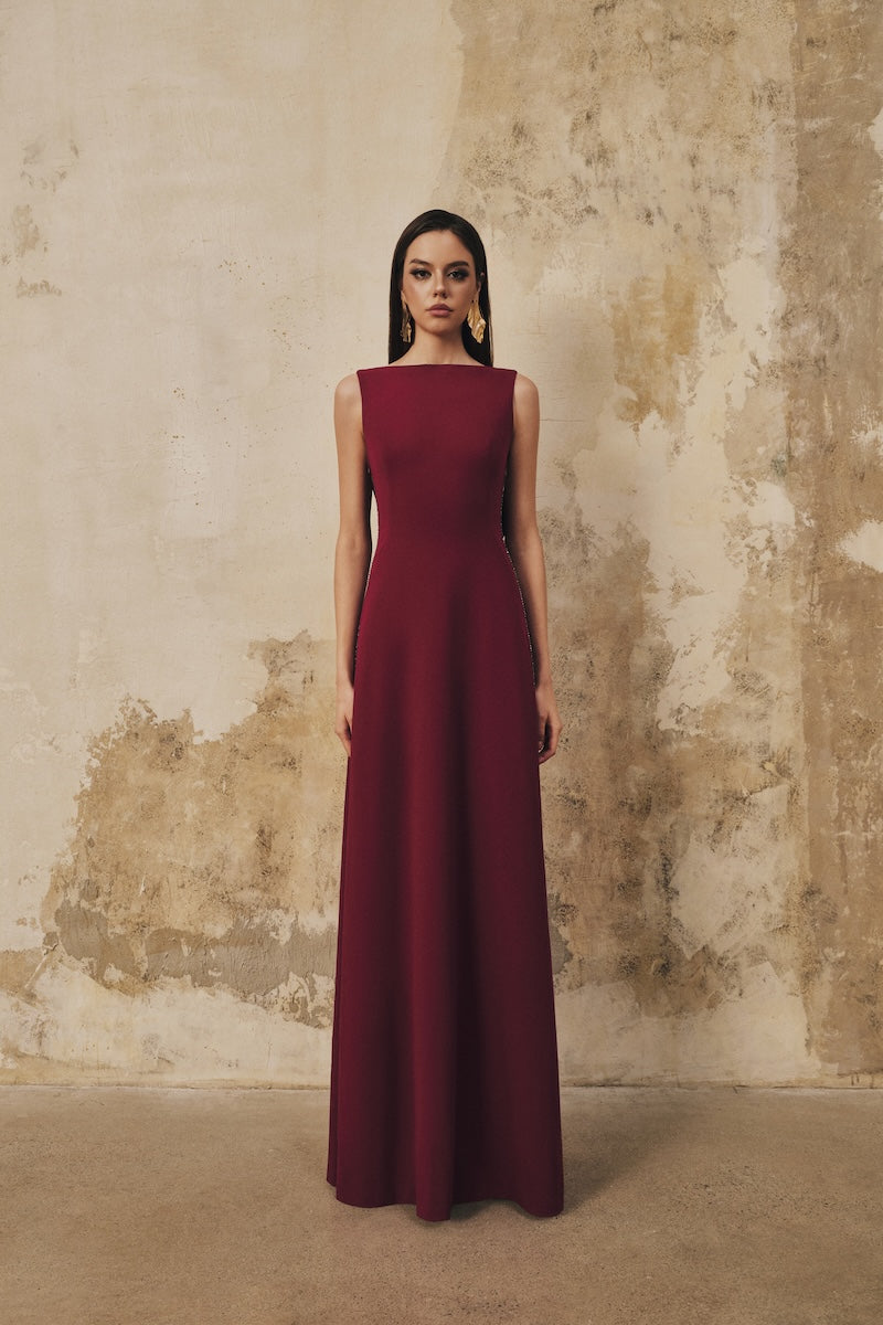 L'SCARLETT burgundy draped-back neckline sleeveless maxi dress with 3D crystal floral embellishments, elegant evening gown.