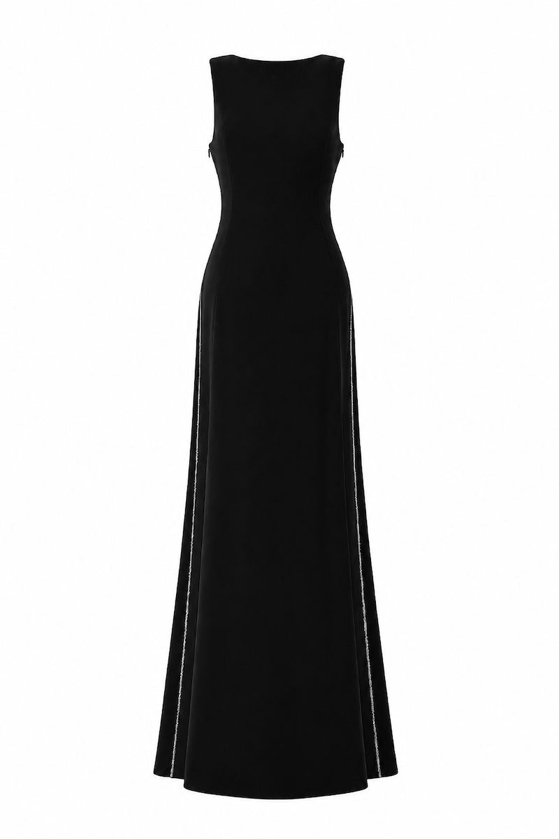 Black sleeveless maxi dress with draped back neckline and 3D crystal floral embellishments by L'SCARLETT, shown from the front.