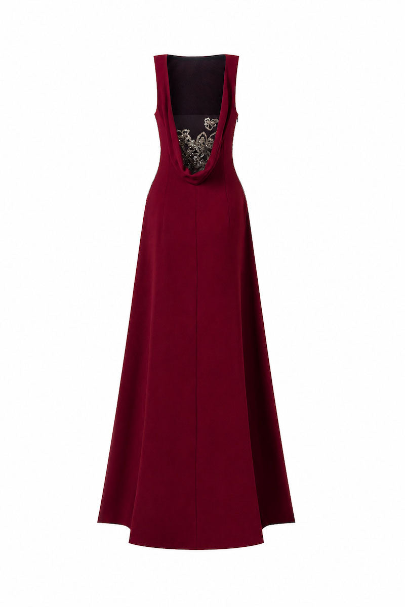 L'SCARLETT burgundy draped-back sleeveless maxi dress with 3D crystal floral embellishments, elegant and flowing.