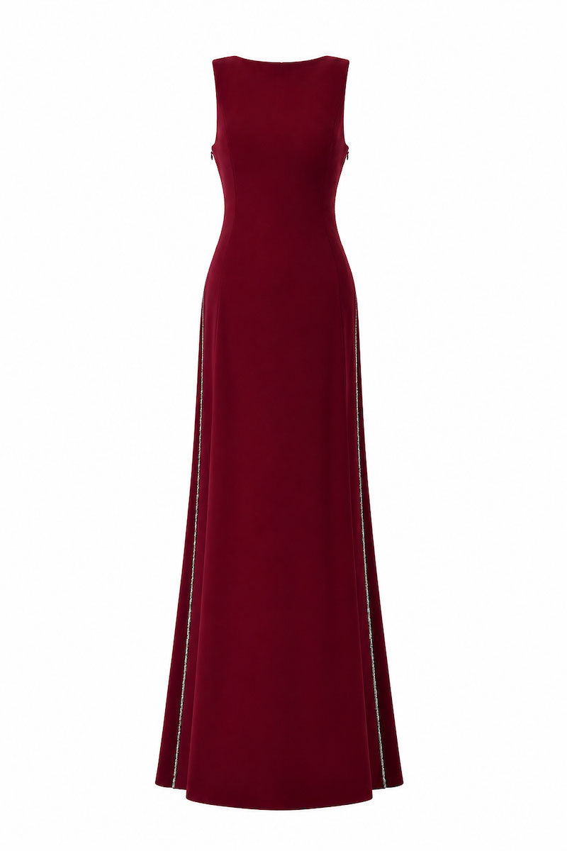 L'SCARLETT burgundy draped-back sleeveless maxi dress with 3D crystal floral embellishments, front view, elegant evening style.