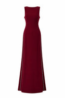 Red sleeveless gown with draped back neckline and 3D crystal floral embellishments by L'SCARLETT, front view.