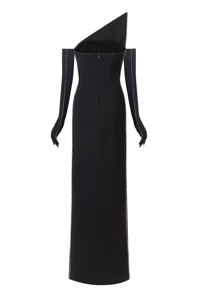 Black pointed-bustline crystal beading front-slit maxi dress by L'SCARLETT, shown from the back with elegant detailing.