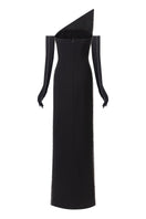 Black pointed-bustline crystal beading front-slit gown by L'SCARLETT, featuring intricate crystal details and elegant design.