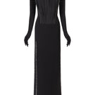Black pointed-bustline crystal beading front-slit gown by L'SCARLETT, featuring elegant crystal embellishments and a stylish front slit.