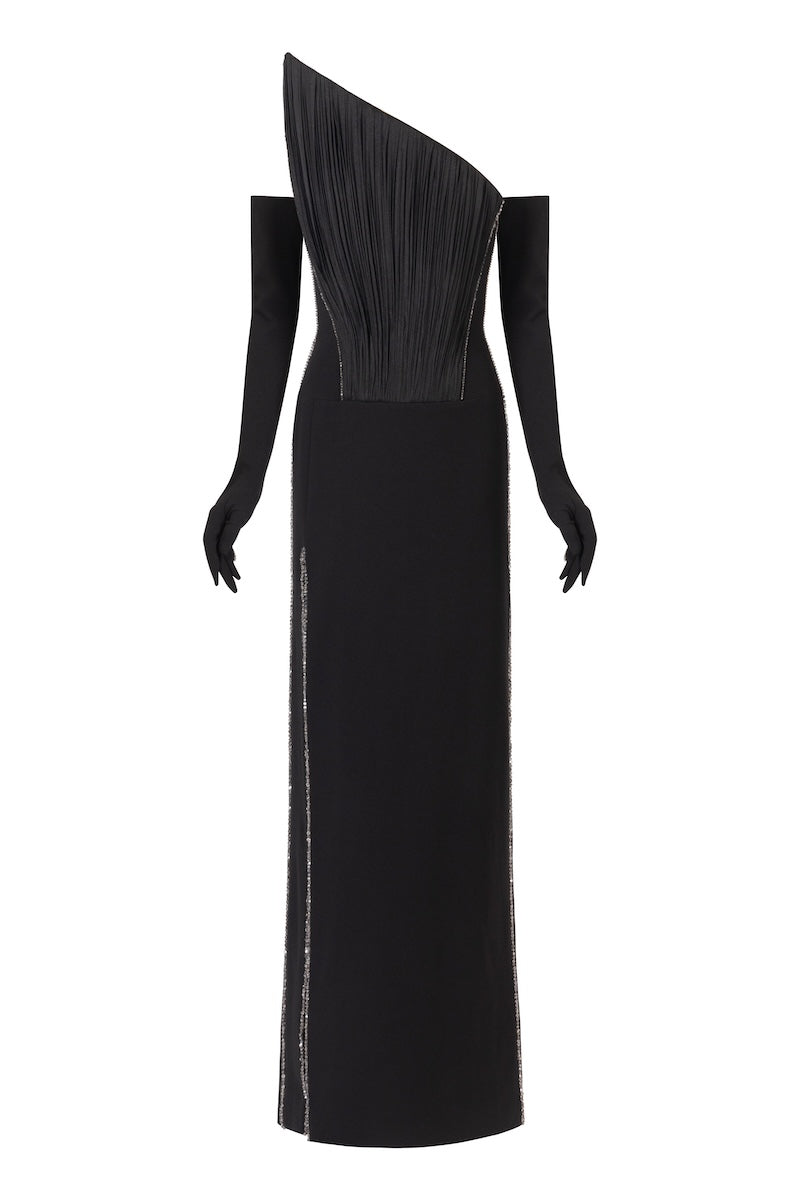 Black L'SCARLETT pointed-bustline crystal beading front-slit maxi dress, elegant evening gown with intricate detailing.