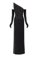 Black pointed-bustline crystal beading front-slit gown by L'SCARLETT, featuring elegant crystal embellishments and a stylish front slit.