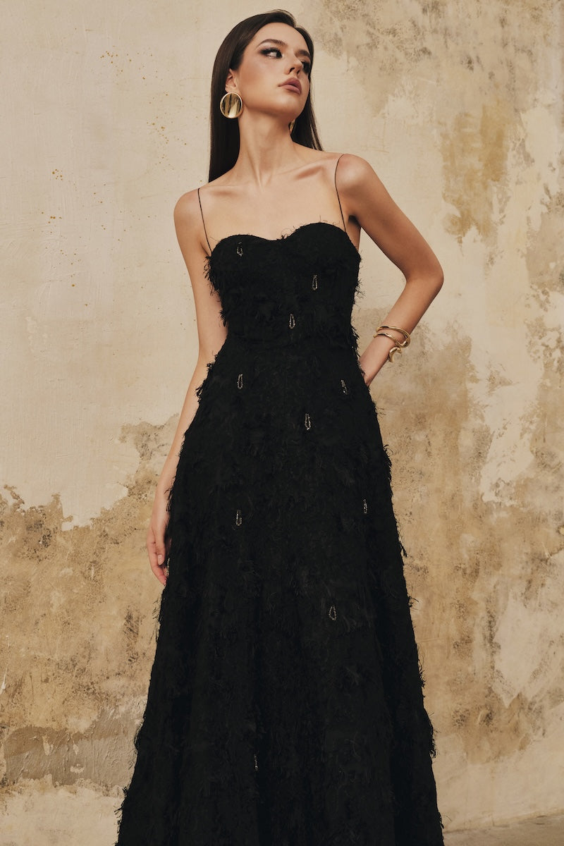 A-LINE SPAGHETTI-STRAP CRYSTAL BEADING MIDI DRESS IN BLACK