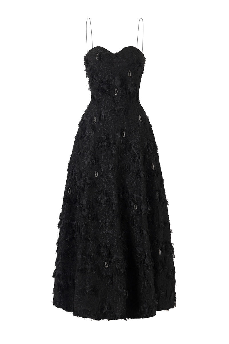 Black L'Scarlett A-line spaghetti-strap midi dress with crystal beading, front view, elegant evening style.
