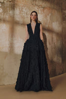 L'SCARLETT sleeveless V-neck jacquard gown with layered side panels, elegant and flowing for formal occasions.