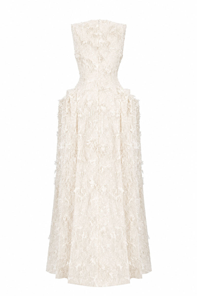 Off-white sleeveless V-neck fringe jacquard layered-side-panel maxi dress by L'SCARLETT, shown from the back.