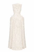 White sleeveless V-neck jacquard layered-side-panel gown by L'SCARLETT, displayed from the back view.