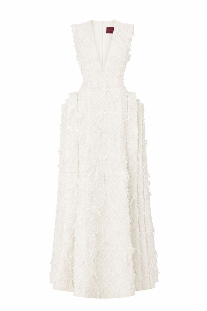 Off-white sleeveless V-neck fringe jacquard layered-side-panel maxi dress by L'SCARLETT, shown from the front.