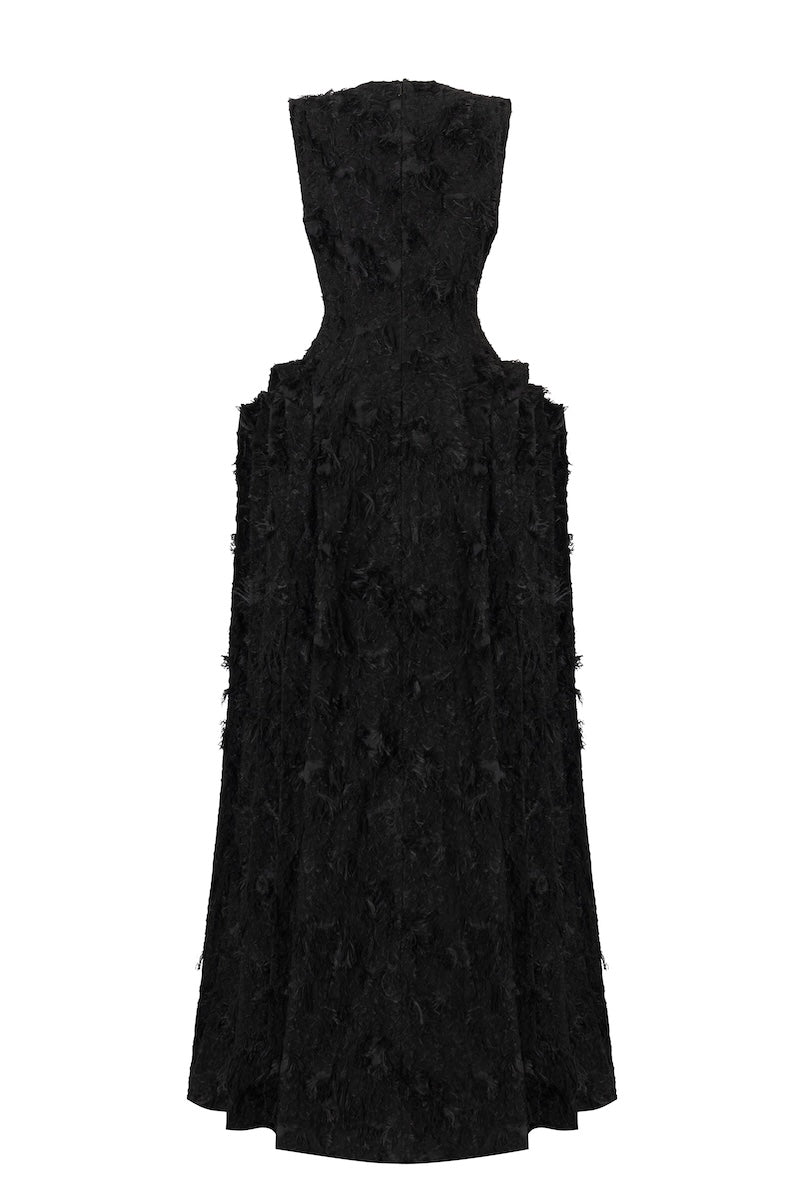 SLEEVELESS V-NECK JACQUARD LAYERED-SIDE-PANEL MAXI DRESS | CULT MIA