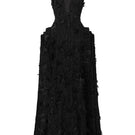 Black sleeveless V-neck jacquard layered-side-panel gown by L'Scarlett, featuring intricate fabric design and elegant silhouette.