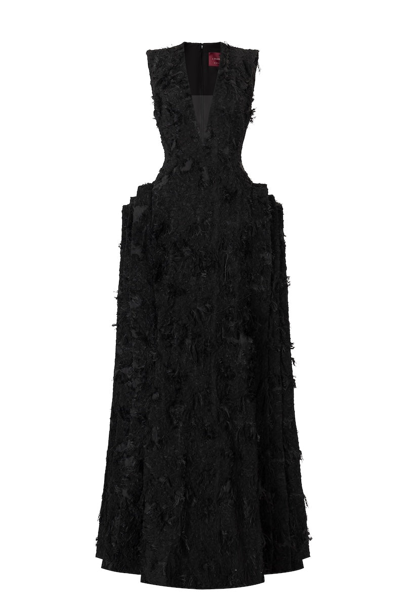 Black sleeveless V-neck maxi dress by L'SCARLETT featuring fringe Jacquard fabric and layered side panels.