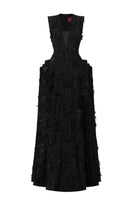 Black sleeveless V-neck jacquard layered-side-panel gown by L'Scarlett, featuring intricate fabric design and elegant silhouette.