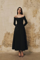 L'SCARLETT flared off-shoulder long-sleeve gown with heart beading, elegant evening dress, stylish formal wear for women