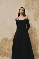 L'SCARLETT flared off-shoulder long-sleeve gown with heart-shaped beading, elegant evening dress shown in image LSD057-3.