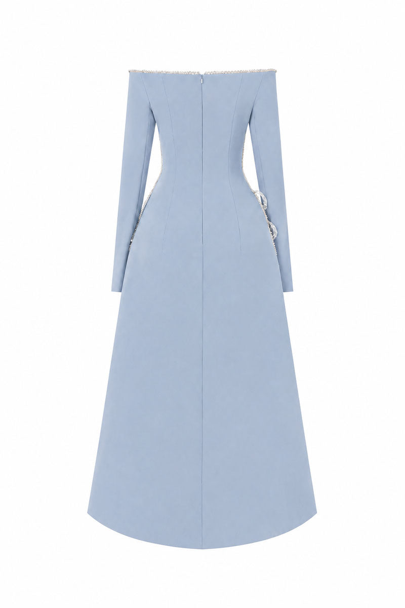 Light blue L'SCARLETT flared off-shoulder long-sleeve midi dress with heart beading, shown from the back.