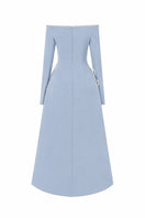 Blue L'SCARLETT flared off-shoulder long-sleeve midi dress with heart beading, shown from the back.