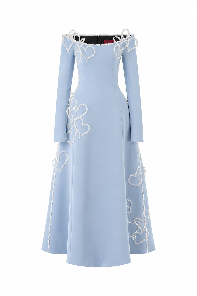 Light blue L'SCARLETT flared off-shoulder long-sleeve midi dress with heart beading, front view showcasing elegant design.