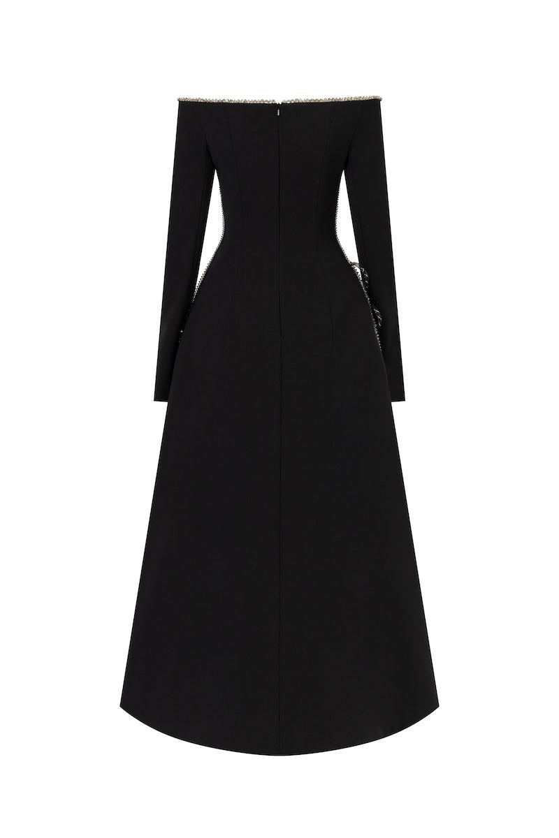 Black L'SCARLETT flared off-shoulder midi dress with long sleeves and heart-shaped beading, shown from the back.
