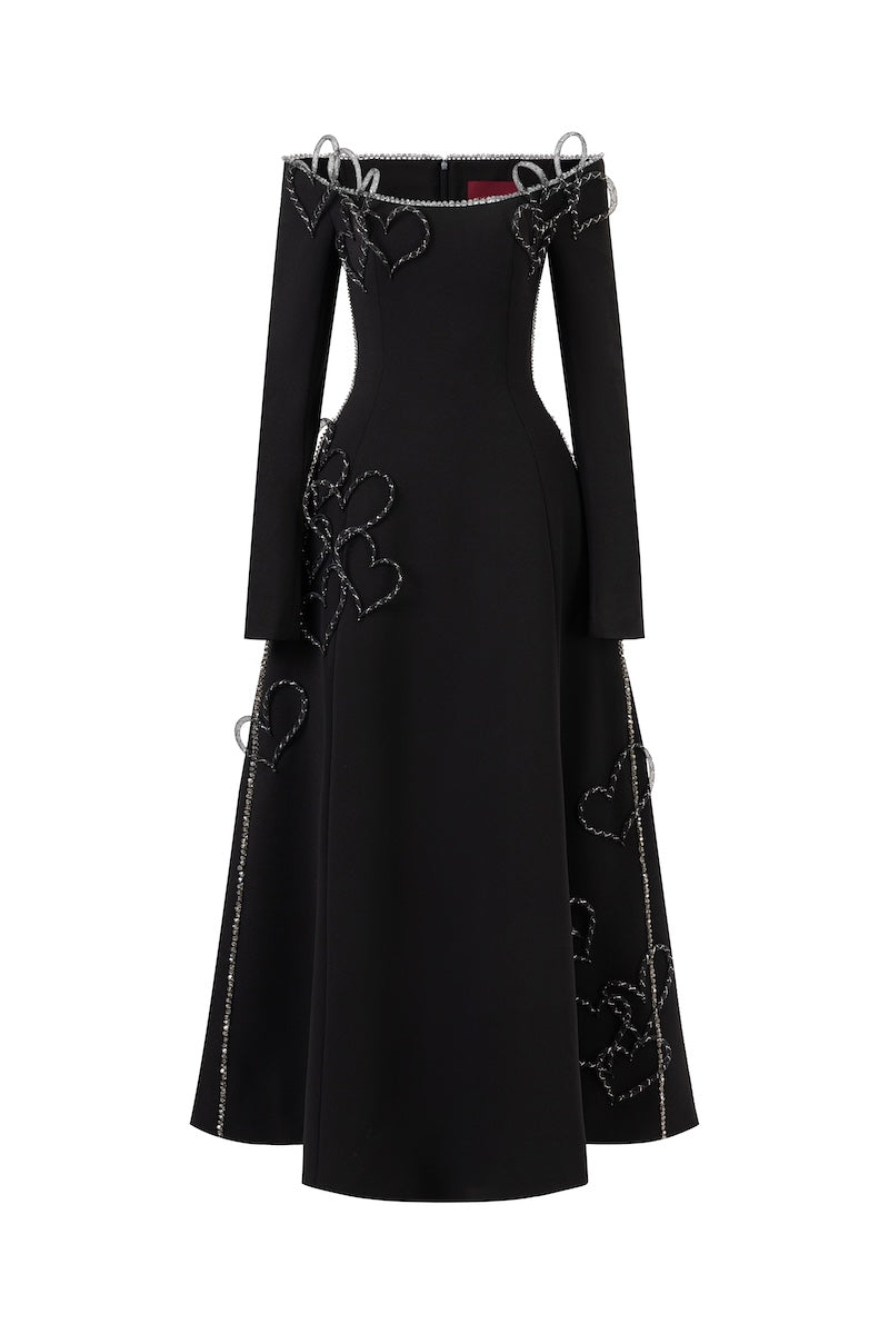 Black L'SCARLETT flared off-shoulder long-sleeve midi dress with heart beading, stylish and elegant for special occasions.
