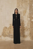 L'SCARLETT straight-cut long-sleeve crystal beading gown with elegant design, featuring intricate beaded details and a sleek silhouette.