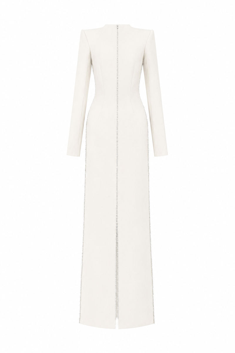 Off-white L'SCARLETT maxi dress with straight cut, long sleeves, and crystal beading, shown from the back.