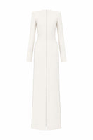 White straight-cut long-sleeve gown by L'Scarlett featuring crystal beading details, shown from the back.
