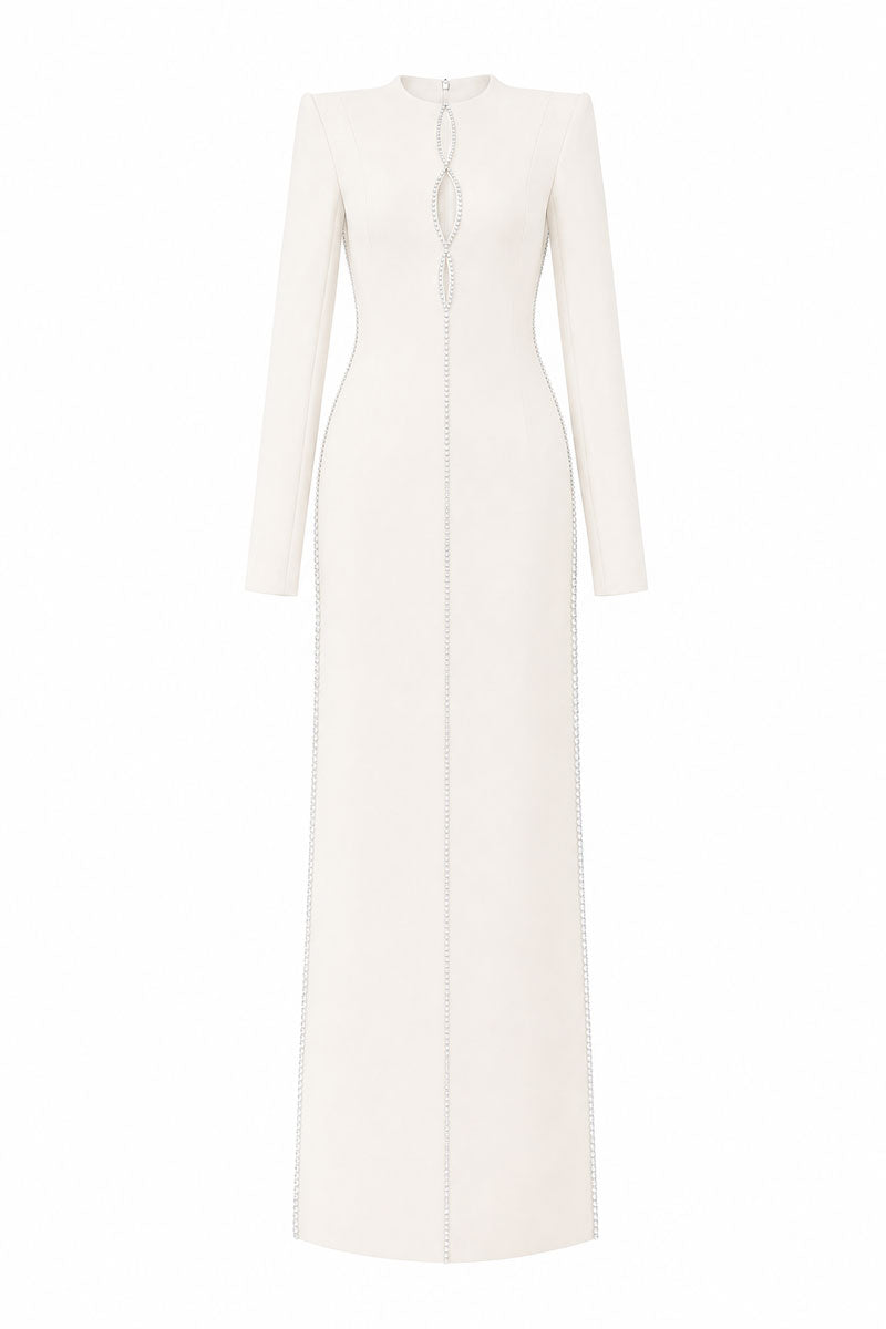 L'SCARLETT off-white straight-cut long-sleeve maxi dress with crystal beading, front view, elegant and flowing design.