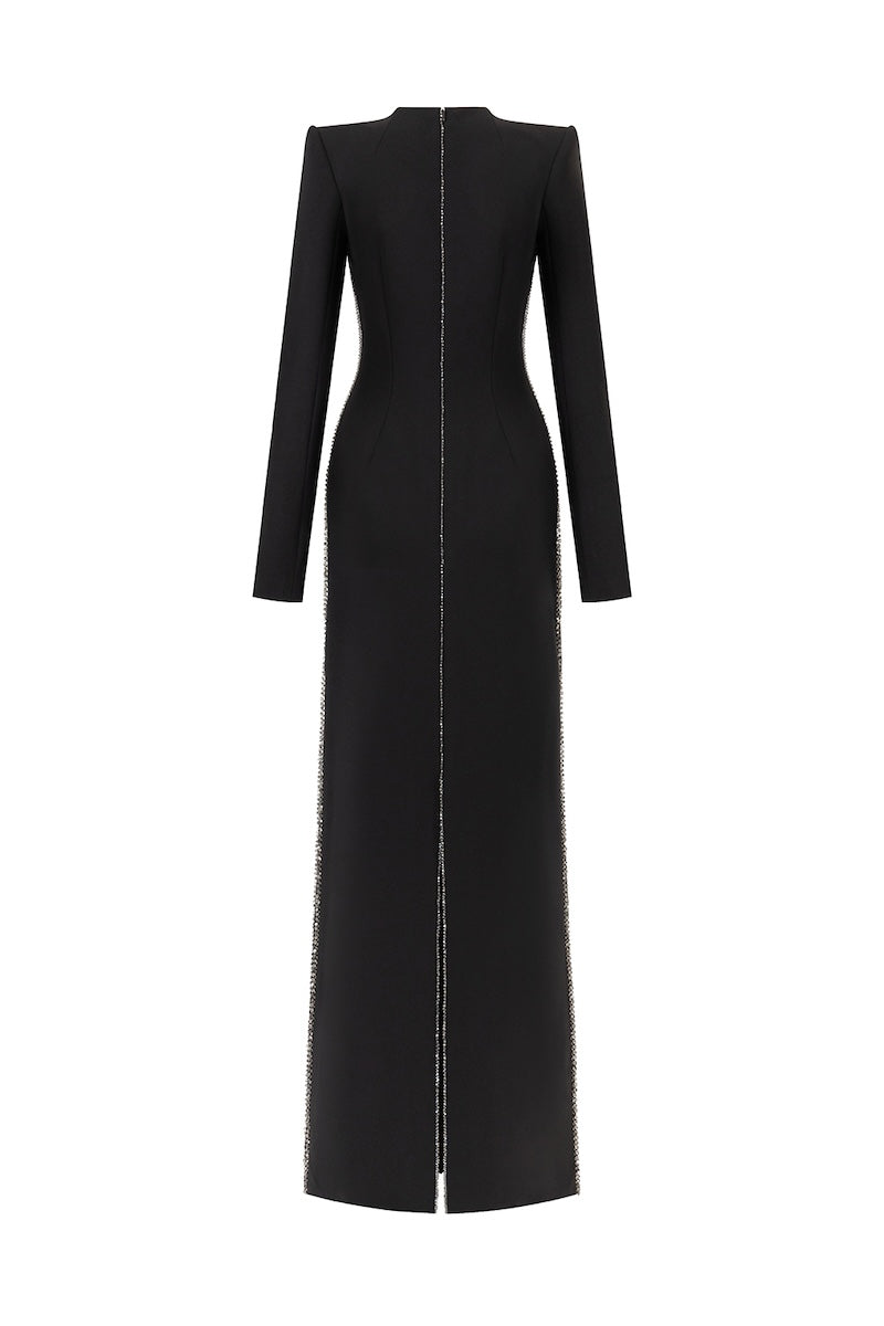 Black L'SCARLETT straight-cut long-sleeve maxi dress with crystal beading, featuring a flowing silhouette and elegant design.