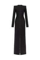 Black L'SCARLETT straight-cut long-sleeve crystal beading gown, back view showing elegant, fitted design with sparkling embellishments.