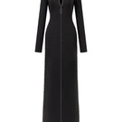 Black straight-cut long-sleeve crystal beading gown by L'Scarlett, featuring elegant design and intricate crystal details.