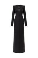 Black straight-cut long-sleeve crystal beading gown by L'Scarlett, featuring elegant design and intricate crystal details.