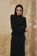 L'SCARLETT peplum long-sleeve gown with crystal beading, front slit, elegant evening dress, formal wear for special occasions