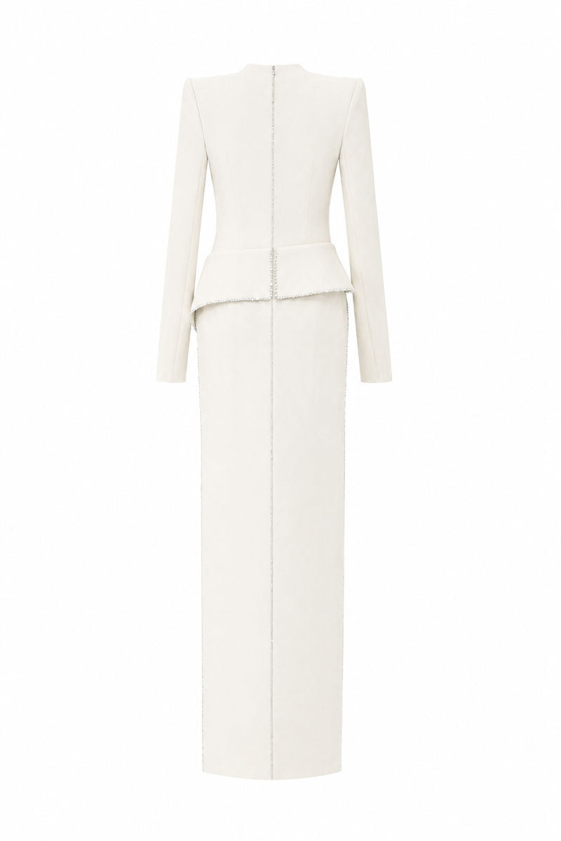 L'SCARLETT off-white peplum high-neck long-sleeve maxi dress with crystal beading, back view showing elegant design.