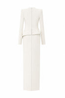 L'SCARLETT off-white peplum high-neck long-sleeve maxi dress with crystal beading, back view showing elegant design.