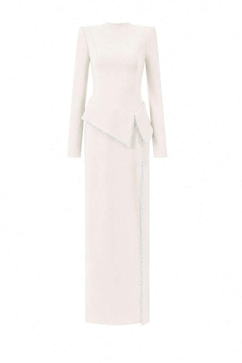 Off-white peplum high-neck long-sleeve maxi dress by L'SCARLETT, featuring crystal beading and elegant design.