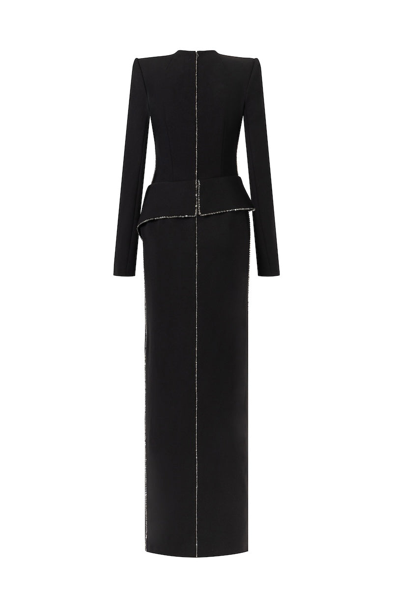 Black L'SCARLETT maxi dress with peplum high-neck, long sleeves, crystal beading, and a front slit, shown from the back.
