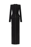 Black peplum long-sleeve gown with crystal beading and a front slit, featuring a stylish back design by L'SCARLETT.