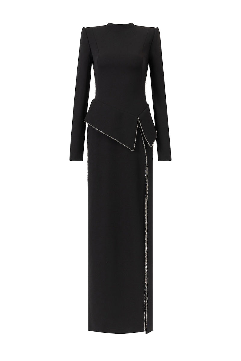Black L'SCARLETT peplum high-neck maxi dress with long sleeves, front slit, and crystal beading details.