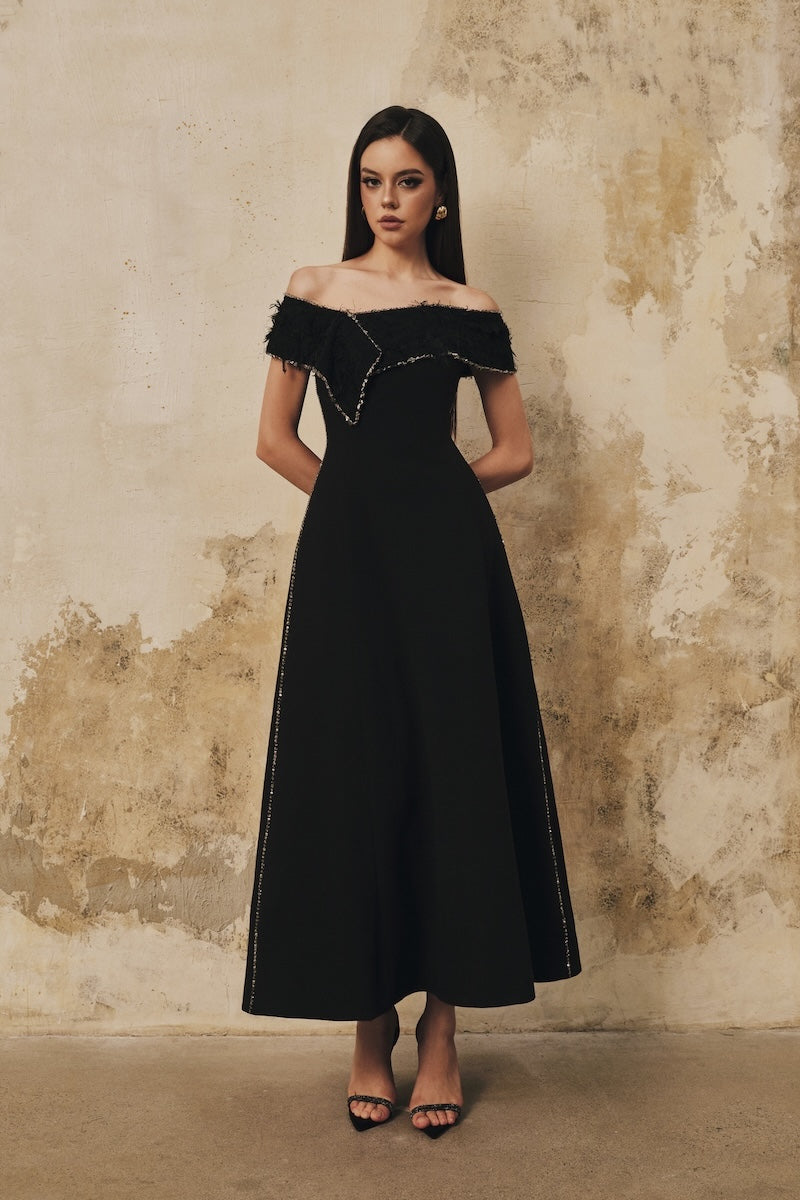 Black L'SCARLETT flared draped-neckline off-shoulder beaded midi dress, showcasing its elegant design and intricate beadwork.