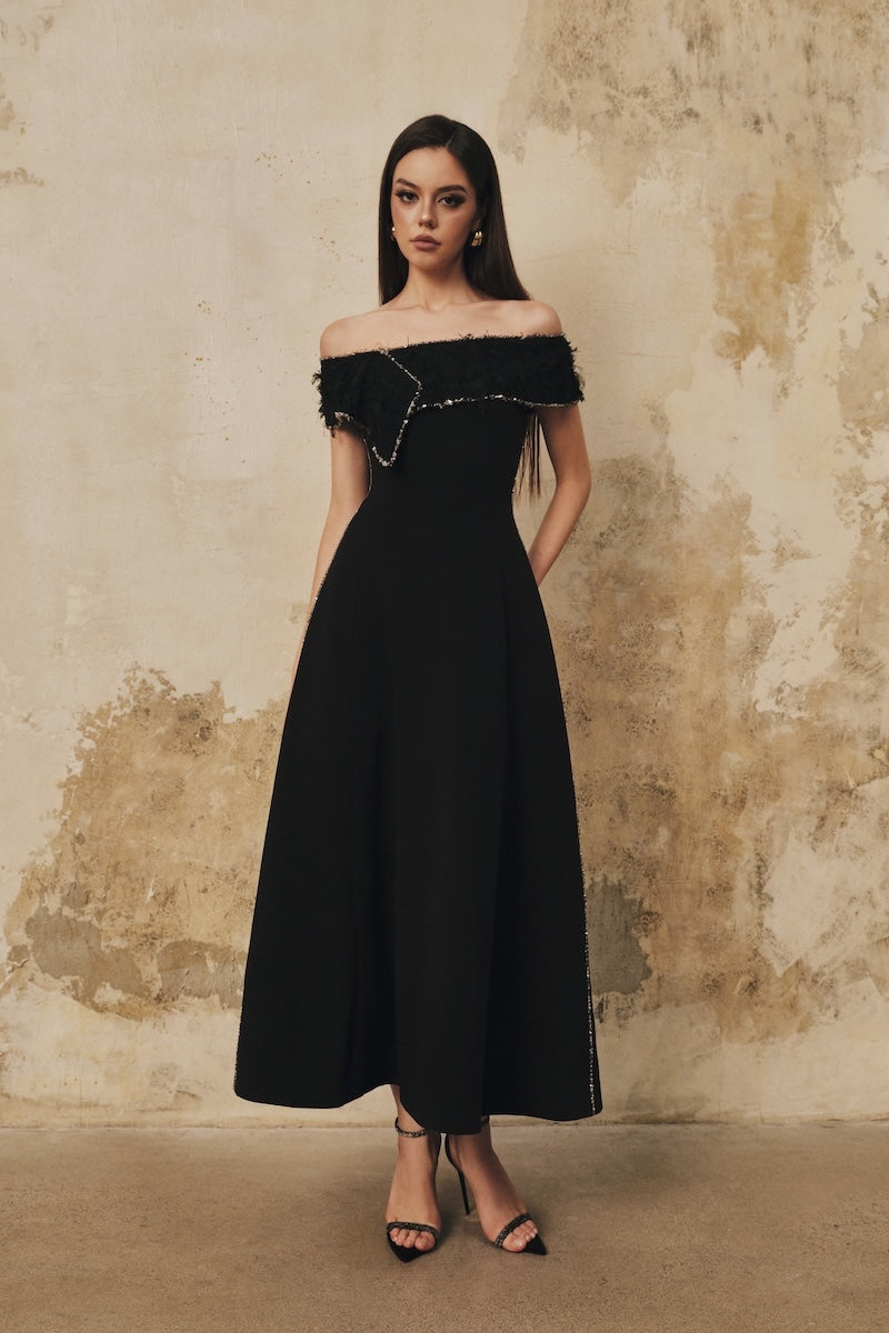 Black L'SCARLETT flared draped-neckline off-shoulder beaded midi dress, featuring intricate beadwork and elegant silhouette.