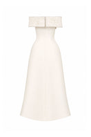 L'SCARLETT flared off-shoulder beaded midi dress in off-white, shown from the back, featuring draped neckline and elegant design.